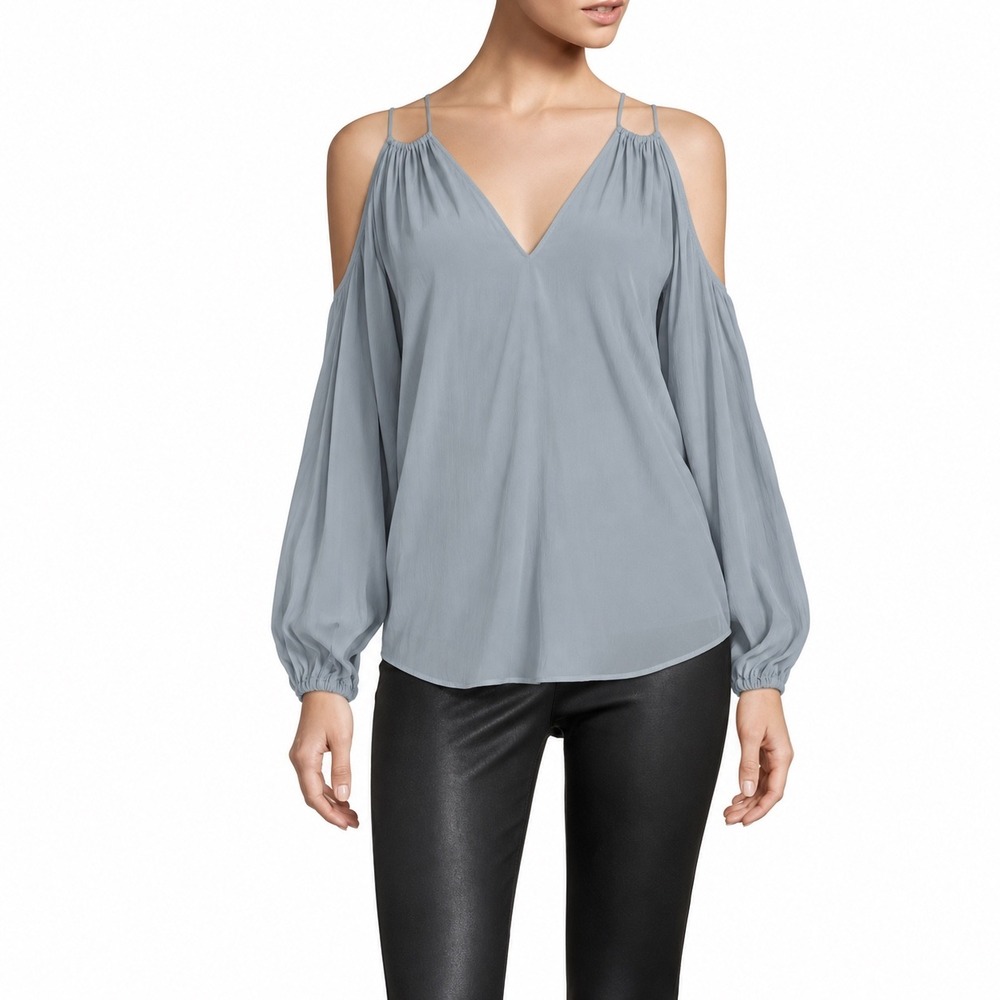 Ramy Brook Gigi Cold Shoulder Blouse Blue Gray V-Neck Long Sleeve Semi Sheer M